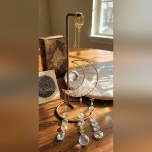 Gold Crescent Moon Suncatcher with Quartz Chips and Iridescent Hearts